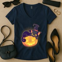 Cute Halloween Glowing Pumpkin Jackolantern Witch Cat Women's V-Neck T-Shirt