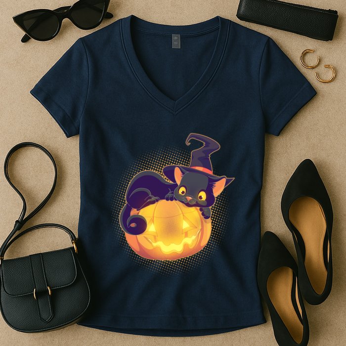 Cute Halloween Glowing Pumpkin Jackolantern Witch Cat Women's V-Neck T-Shirt