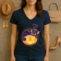 Cute Halloween Glowing Pumpkin Jackolantern Witch Cat Women's V-Neck T-Shirt