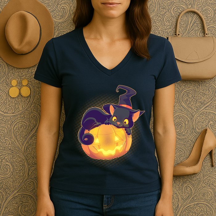 Cute Halloween Glowing Pumpkin Jackolantern Witch Cat Women's V-Neck T-Shirt