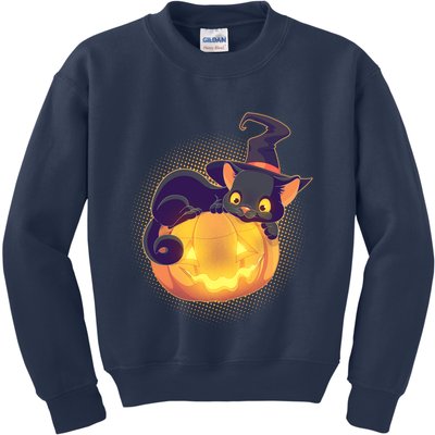 Cute Halloween Glowing Pumpkin Jackolantern Witch Cat Kids Sweatshirt