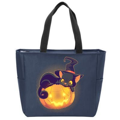 Cute Halloween Glowing Pumpkin Jackolantern Witch Cat Zip Tote Bag