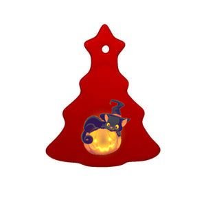 Cute Halloween Glowing Pumpkin Jackolantern Witch Cat Ceramic Tree Ornament