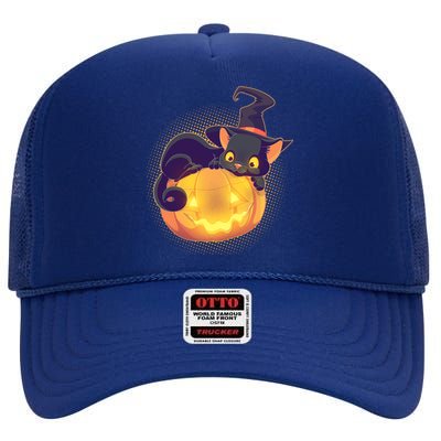 Cute Halloween Glowing Pumpkin Jackolantern Witch Cat High Crown Mesh Back Trucker Hat