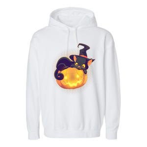 Cute Halloween Glowing Pumpkin Jackolantern Witch Cat Garment-Dyed Fleece Hoodie