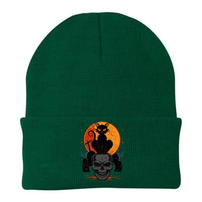 Cute Halloween Gothic Black Cat Standing On Skull Art Knit Cap Winter Beanie