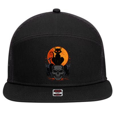 Cute Halloween Gothic Black Cat Standing On Skull Art 7 Panel Mesh Trucker Snapback Hat