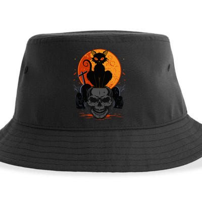 Cute Halloween Gothic Black Cat Standing On Skull Art Sustainable Bucket Hat