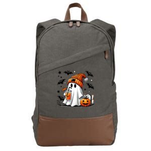 Cute Halloween Ghost Ing Ice Coffee And Spooky Pumpkin Gift Cotton Canvas Backpack