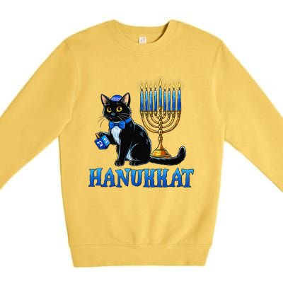 Cute Happy Hanukkah Hanukkat Jewish Cat Menorah Chanukah Premium Crewneck Sweatshirt