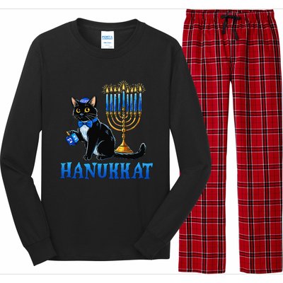 Cute Happy Hanukkah Hanukkat Jewish Cat Menorah Chanukah Long Sleeve Pajama Set