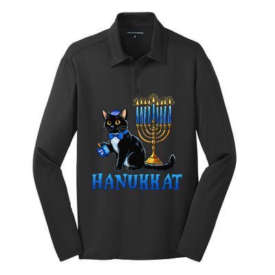 Cute Happy Hanukkah Hanukkat Jewish Cat Menorah Chanukah Silk Touch Performance Long Sleeve Polo