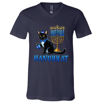 Cute Happy Hanukkah Hanukkat Jewish Cat Menorah Chanukah V-Neck T-Shirt