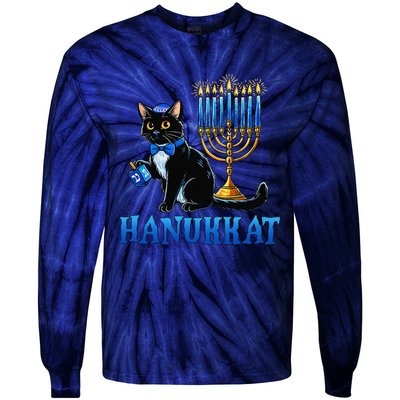 Cute Happy Hanukkah Hanukkat Jewish Cat Menorah Chanukah Tie-Dye Long Sleeve Shirt