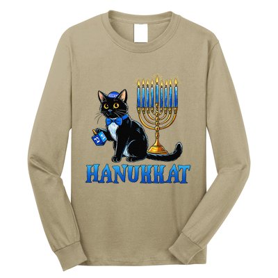 Cute Happy Hanukkah Hanukkat Jewish Cat Menorah Chanukah Long Sleeve Shirt