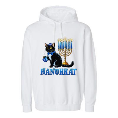 Cute Happy Hanukkah Hanukkat Jewish Cat Menorah Chanukah Garment-Dyed Fleece Hoodie