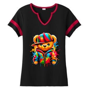 Colorful Hip Hop Teddy Bear Rap Music Ladies Halftime Notch Neck Tee