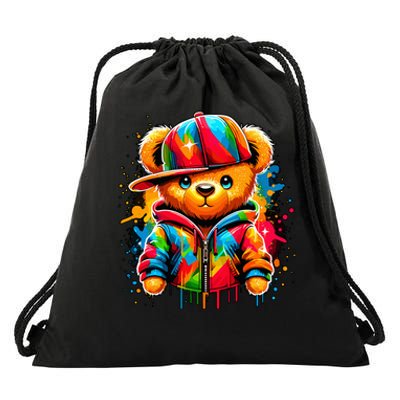 Colorful Hip Hop Teddy Bear Rap Music Drawstring Bag