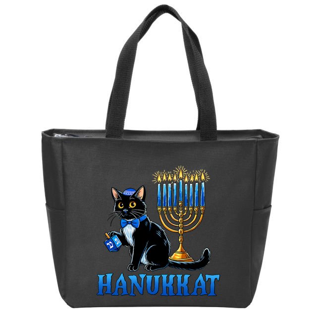 Cute Happy Hanukkah Hanukkat Jewish Cat Menorah Chanukah Zip Tote Bag