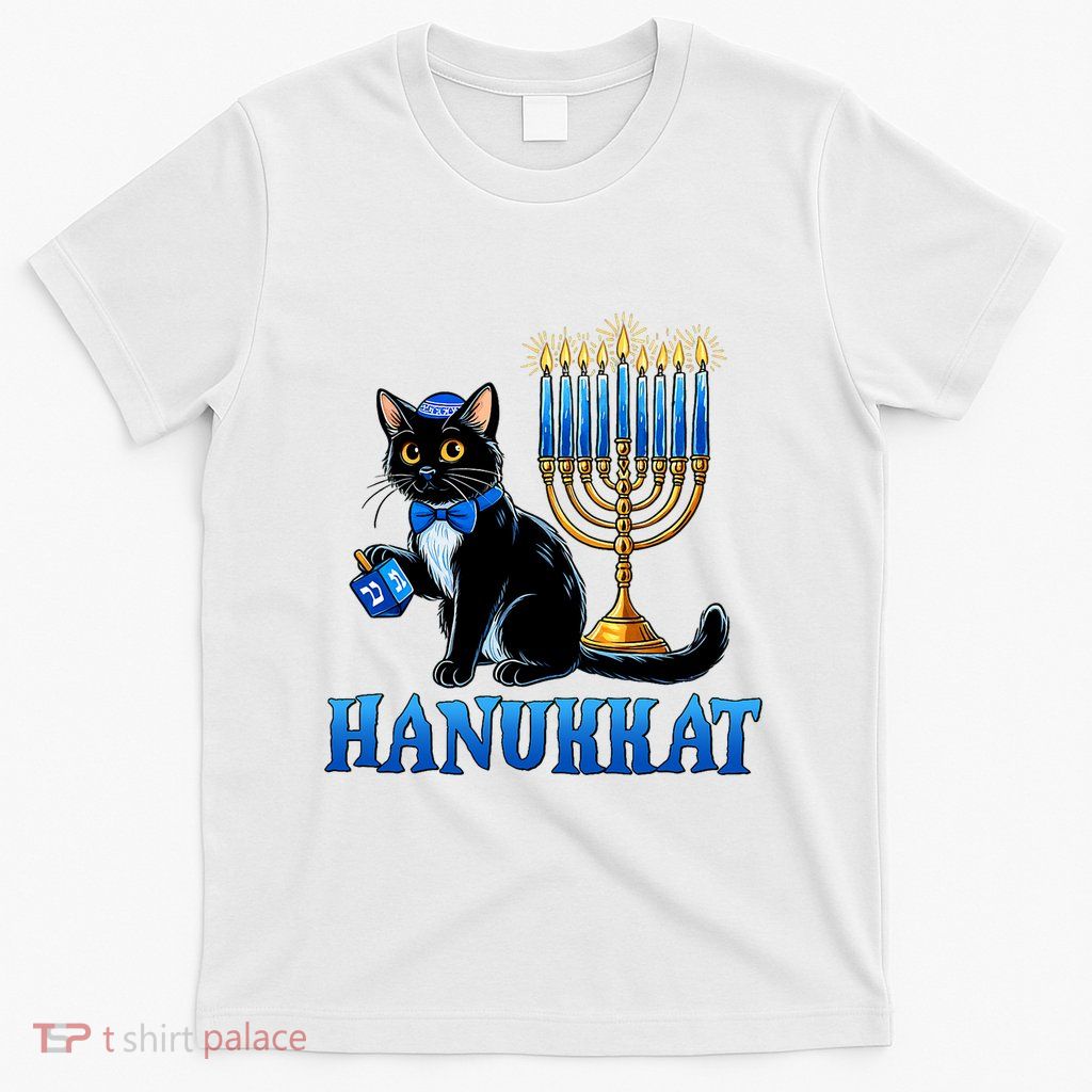 Cute Happy Hanukkah Hanukkat Jewish Cat Menorah Chanukah T-Shirt
