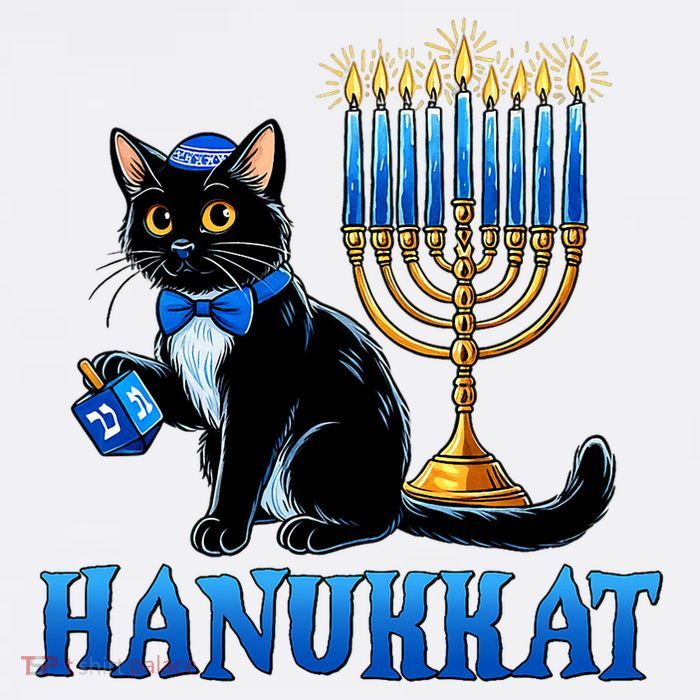Cute Happy Hanukkah Hanukkat Jewish Cat Menorah Chanukah T-Shirt