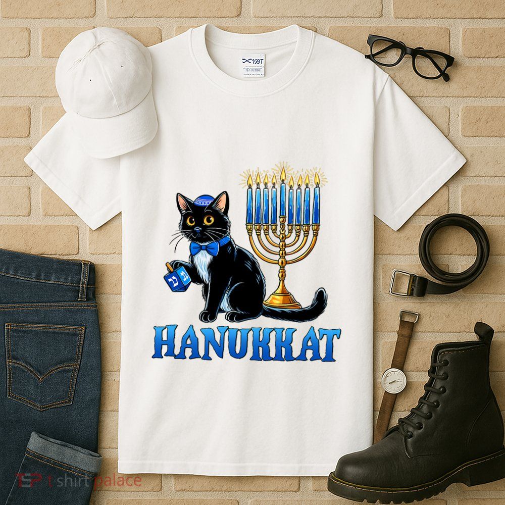 Cute Happy Hanukkah Hanukkat Jewish Cat Menorah Chanukah Tall T-Shirt