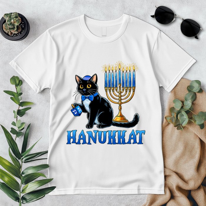 Cute Happy Hanukkah Hanukkat Jewish Cat Menorah Chanukah Premium T-Shirt