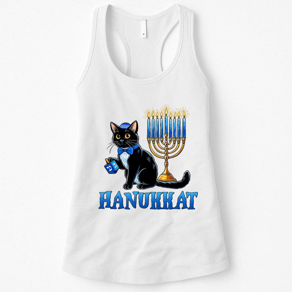 Cute Happy Hanukkah Hanukkat Jewish Cat Menorah Chanukah Womens Tank Top
