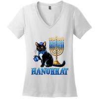 Cute Happy Hanukkah Hanukkat Jewish Cat Menorah Chanukah Women's V-Neck T-Shirt