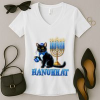 Cute Happy Hanukkah Hanukkat Jewish Cat Menorah Chanukah Women's V-Neck T-Shirt