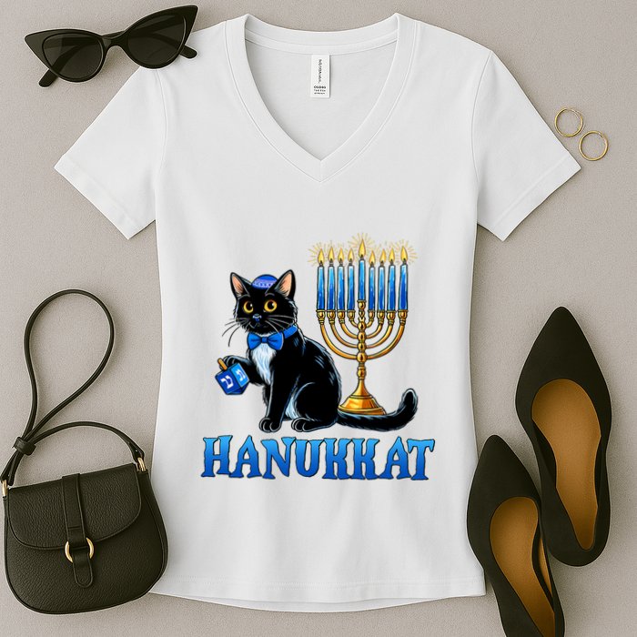 Cute Happy Hanukkah Hanukkat Jewish Cat Menorah Chanukah Women's V-Neck T-Shirt