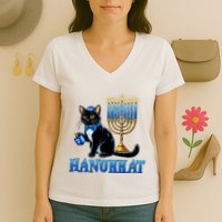 Cute Happy Hanukkah Hanukkat Jewish Cat Menorah Chanukah Women's V-Neck T-Shirt