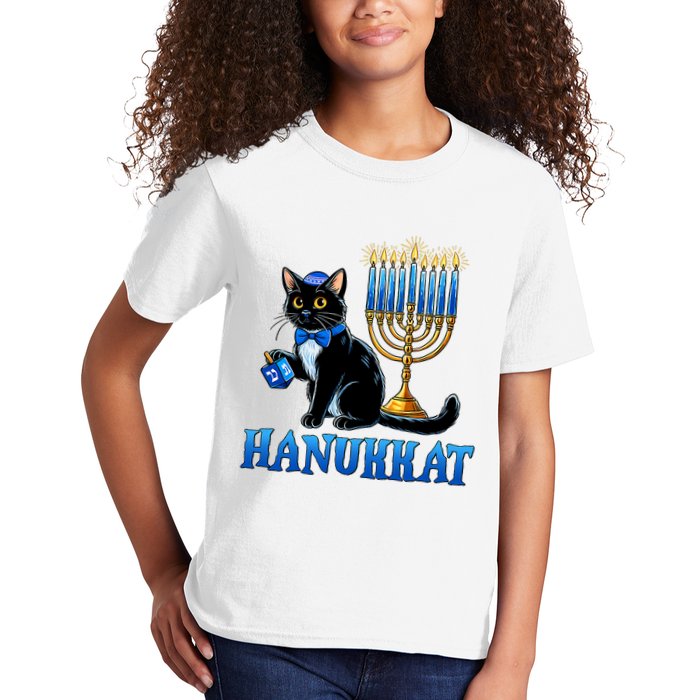 Cute Happy Hanukkah Hanukkat Jewish Cat Menorah Chanukah Kids T-Shirt