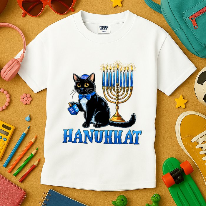 Cute Happy Hanukkah Hanukkat Jewish Cat Menorah Chanukah Kids T-Shirt
