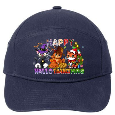 Cat Happy Hallothanksmas Halloween Thanksgiving Christmas Gift 7-Panel Snapback Hat