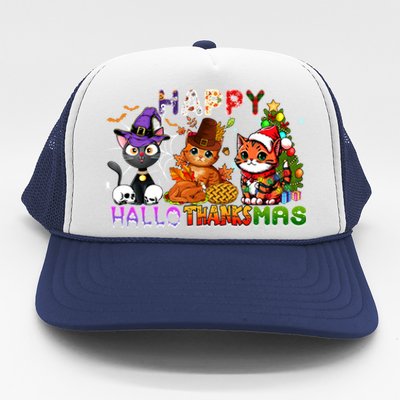 Cat Happy Hallothanksmas Halloween Thanksgiving Christmas Gift Trucker Hat