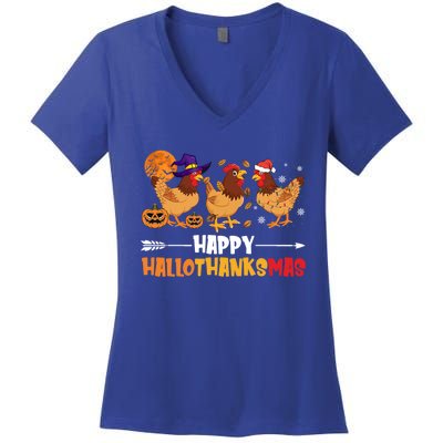 Chicken Halloween Happy Hallothanksmas Autumn Thanksgiving Gift Women's V-Neck T-Shirt