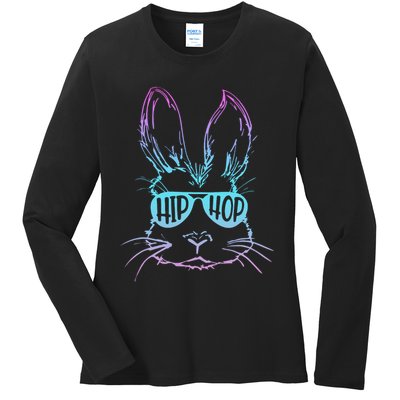 Cool Hip Hop Happy Easter Bunny Face With Sunglasses Ladies Long Sleeve Shirt