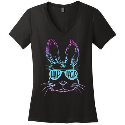 Cool Hip Hop Happy Easter Bunny Face With Sunglasses Women's V-Neck T-Shirt