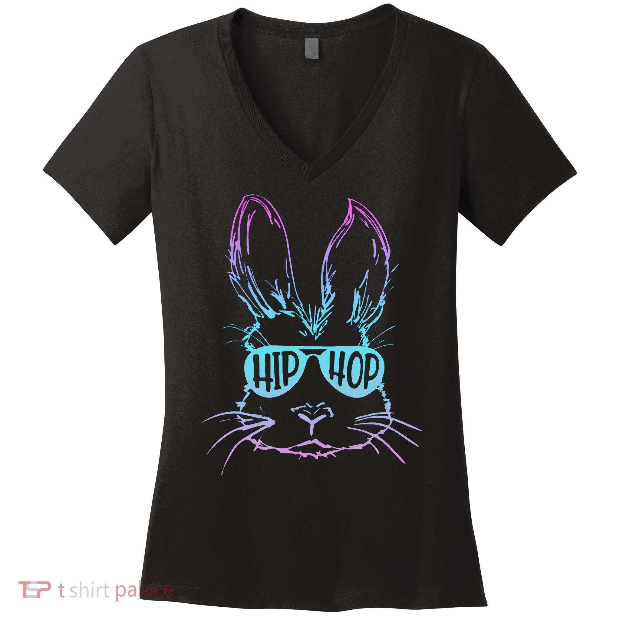 Cool Hip Hop Happy Easter Bunny Face With Sunglasses Women's V-Neck T-Shirt
