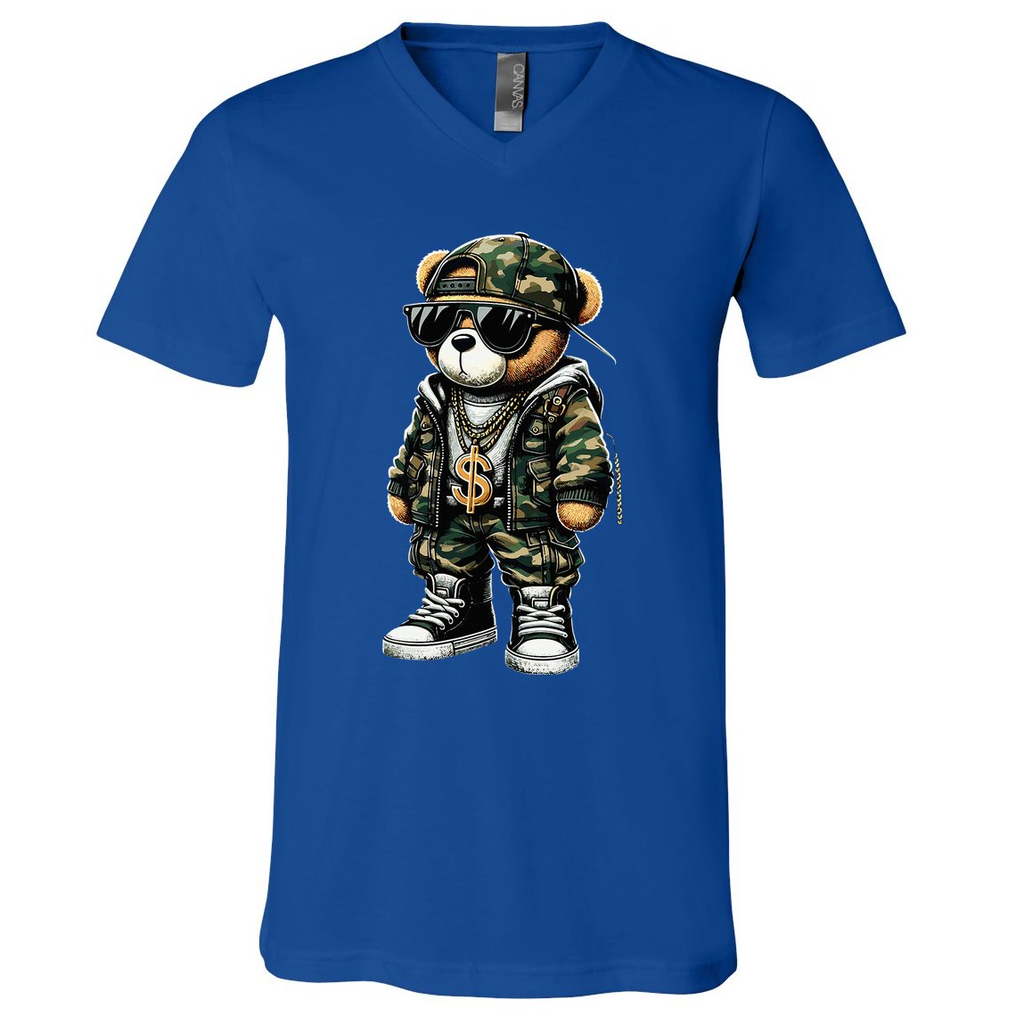 Camo Hip Hop Teddy Bear Camouflage V-Neck T-Shirt