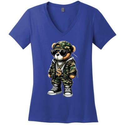 Camo Hip Hop Teddy Bear Camouflage Women's V-Neck T-Shirt