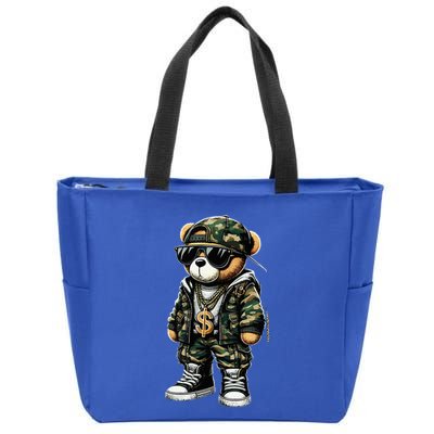 Camo Hip Hop Teddy Bear Camouflage Zip Tote Bag