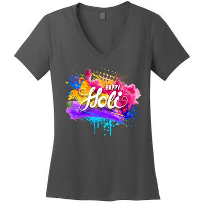 Colorful Happy Holi Celebrate South Asian Indian Hindu Festival Women's V-Neck T-Shirt