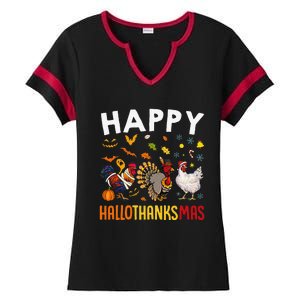 Chickens Happy HalloThanksMas Thanksgiving Christmas Ladies Halftime Notch Neck Tee