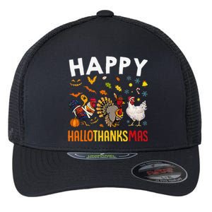 Chickens Happy HalloThanksMas Thanksgiving Christmas Flexfit Unipanel Trucker Cap