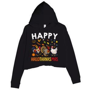 Chickens Happy HalloThanksMas Thanksgiving Christmas Crop Fleece Hoodie