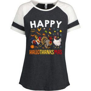 Chickens Happy HalloThanksMas Thanksgiving Christmas Enza Ladies Jersey Colorblock Tee