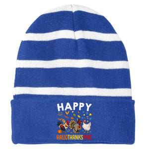 Chickens Happy HalloThanksMas Thanksgiving Christmas Striped Beanie with Solid Band