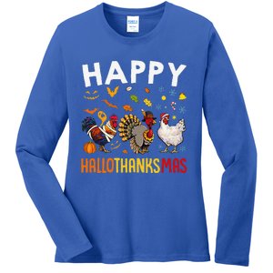 Chickens Happy HalloThanksMas Thanksgiving Christmas Ladies Long Sleeve Shirt